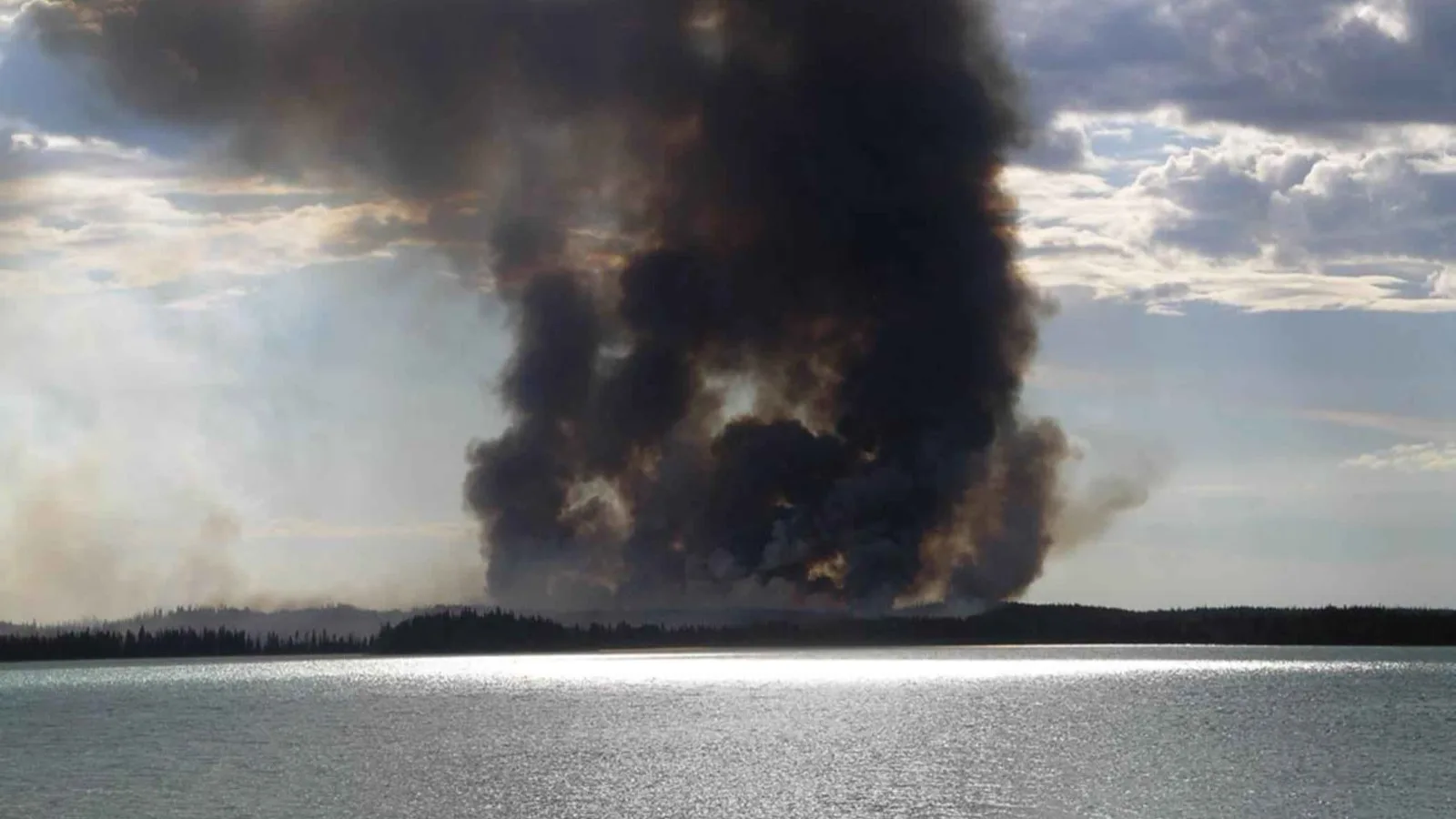 Épais panache de fumée s'élevant au-dessus d'une forêt en feu.