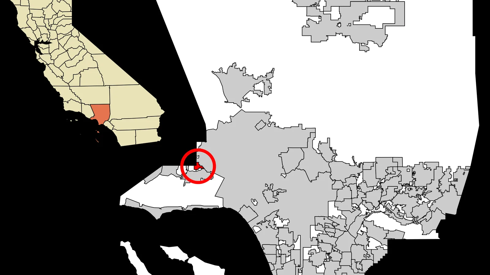 Carte localisant Hidden Hills dans le comté de Los Angeles, illustration contextuelle de la vente Kylie Jenner.